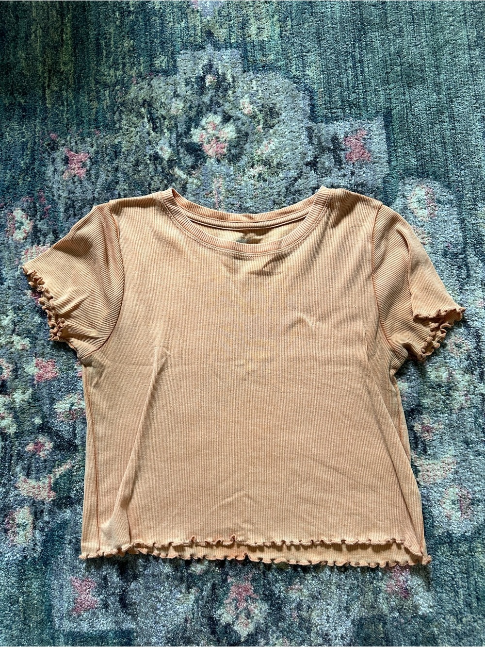 aerie Ribbed Lettuce-Edge Short Sleeve Crop Top - Orange XS Trending Style Cute